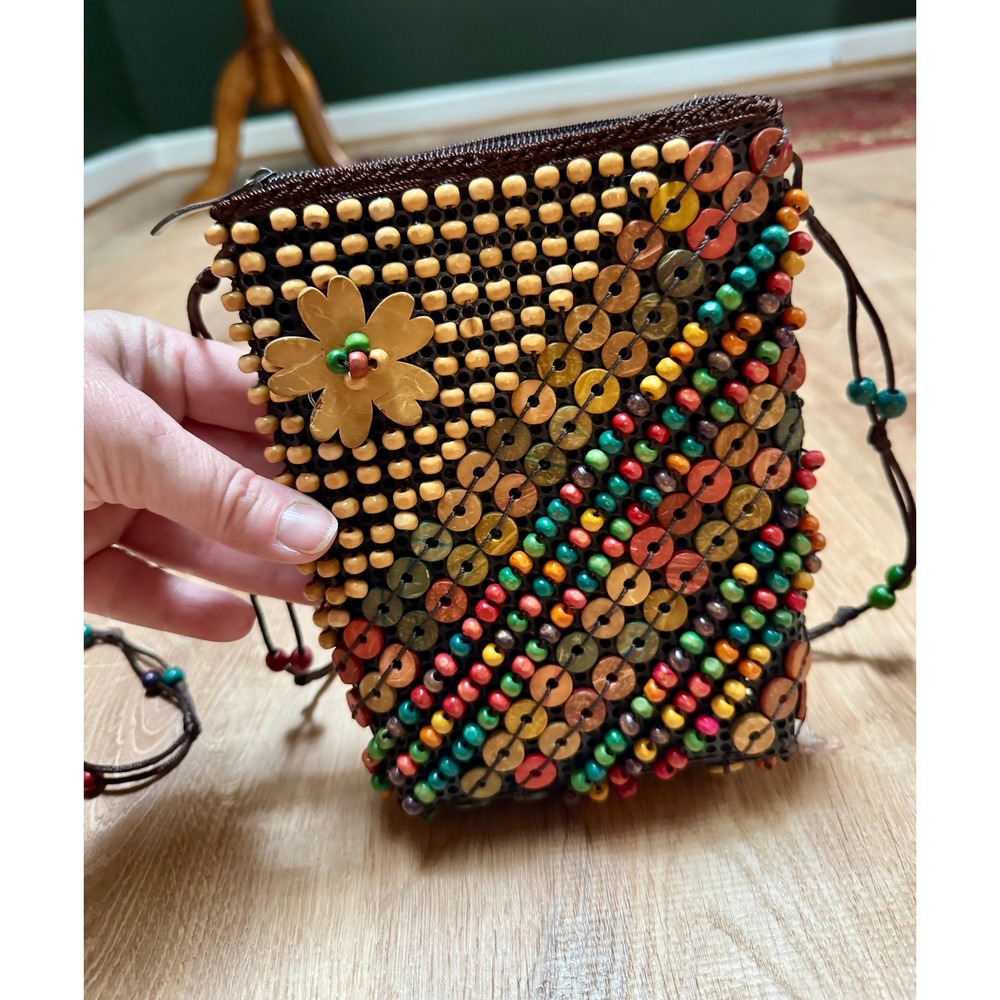 Handmade Multicolor Wood Beaded Hippie Boho Crossbody Bag
